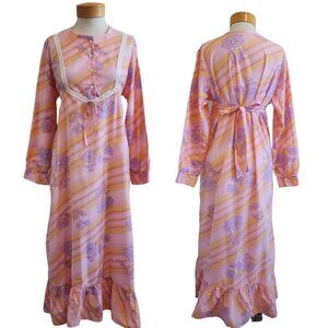 Vintage Floral Striped Housewife Ruffle Hem Long Sleeve Maxi Dress Nightgown M